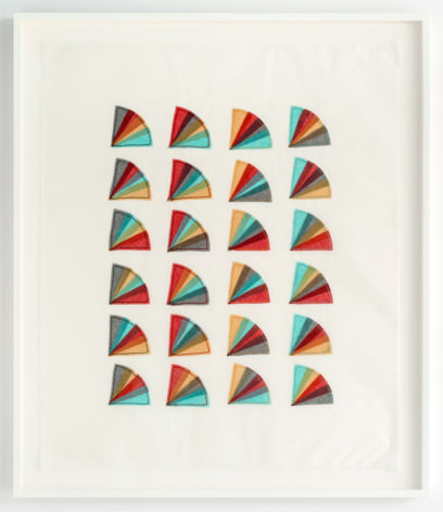 Elaine Reichek Fan Factorial #2, 1977 organdy sewn to Kozoshi paper canvas: 31 x 26 1/2 inches
