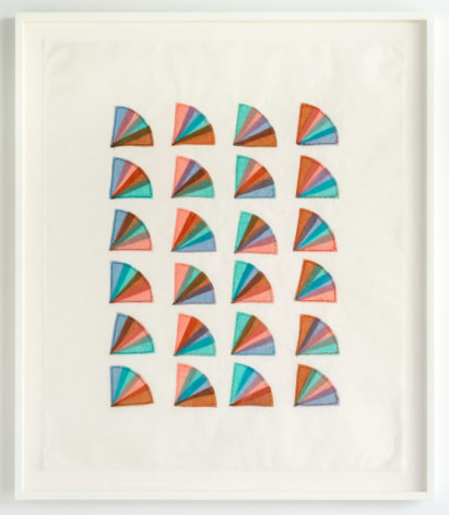 Elaine Reichek Fan Factorial #6, 1977 organdy sewn to Kozoshi paper frame: 31 3/4 x 27 1/8 inches