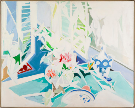 Jane Piper Still Life with Staffel Piece, 1970s acrylic on canvas canvas: 48 &times; 60 inches frame: 49 &frac14; &times; 61 &frac14; inches