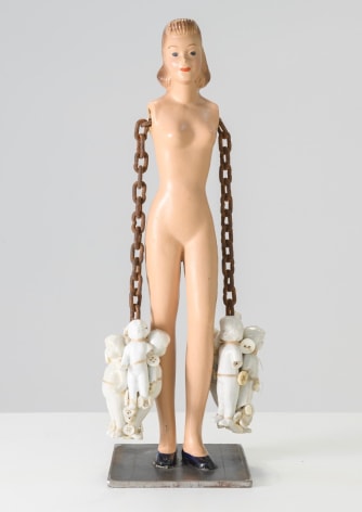 Karin Broker Model girl, 2022 McCall Peggy, chain, ceramic dolls, thread, steel shelf 13 x 5 x 4 inches