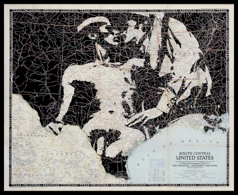 Nick Vaughan &amp; Jake Margolin South Central US: Pinups, 2014 hand-cut found road map with acrylic paper: 23 7/8 x 29 3/8 inches frame: 30 x 35 inches