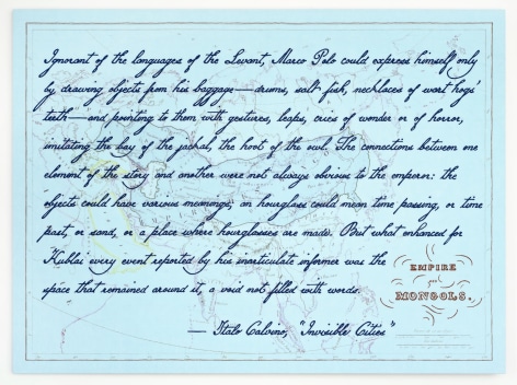 Elaine Reichek The Languages of the Levant (Invisible Cities), 2017 pigment inkjet printing and machine embroidery on linen 39 3/4 x 53 3/4 inches