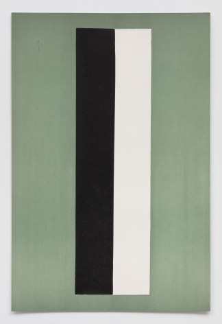 a vertical green background with a white and black stripe at its' center