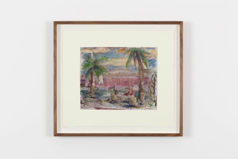 a landscape etching with two palm trees