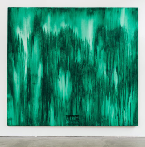 Drippy green painting on panel by Moira Dryer