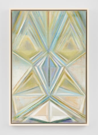 a blue/green rectangular painting with triangular shapes emanating from its' center