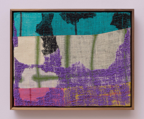 an abstract brightly colored painting on burlap with vertical lines