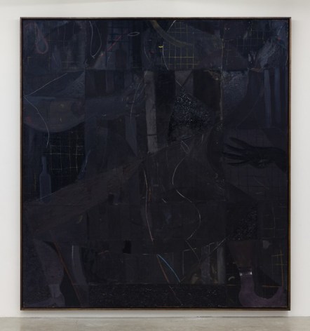 large square black painting with multiple figures moving throughout the space