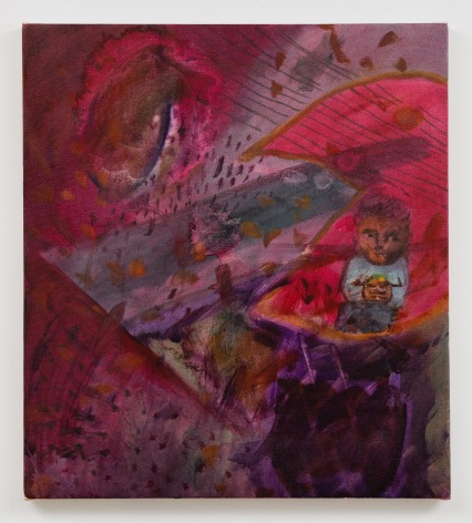 Red painting of a child eating a burger