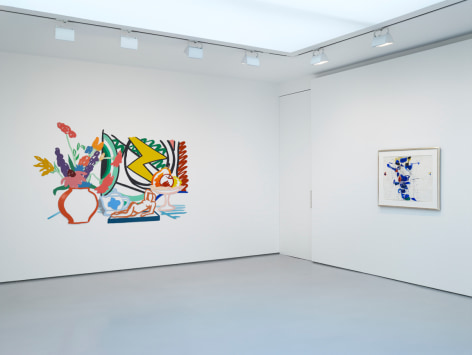 installation view of two paintings in the corner of an all white gallery