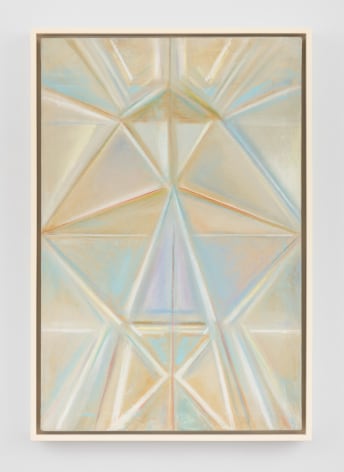 a tan/yellow painting with blue/green diamond shapes