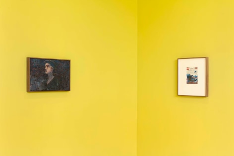 installation view of multiple works on paper and paintings in a yellow room