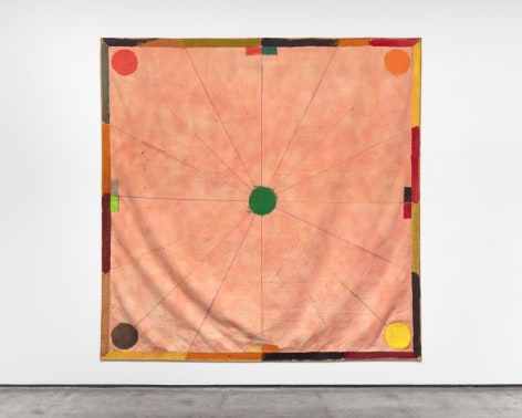 large scale painting with sewn elements and circles