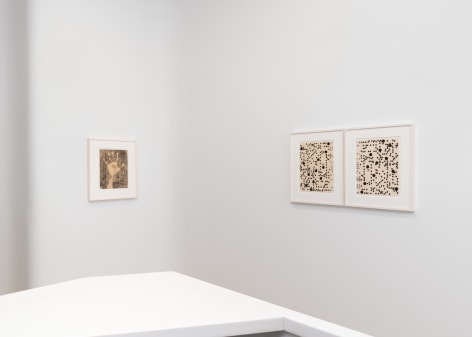 installation view of multiple works on paper in a white room