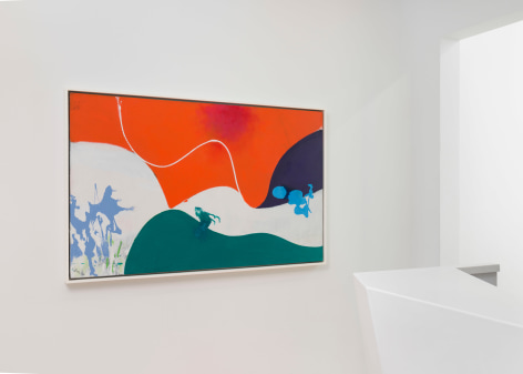 installation view of multiple paintings in a white room