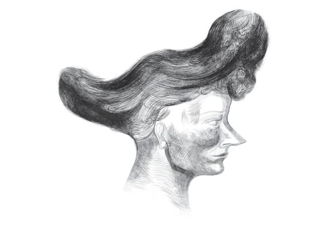 drawing of a woman with large hair and a pointed nose