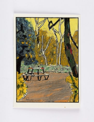 mixed media drawing of a park with trees and a park bench