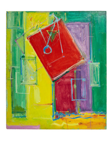 geometric abstract painting in green yellow and red