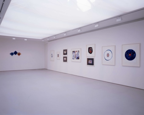 installation view with about 10 framed drawings in a large gallery