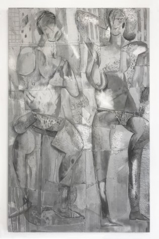 large rectangular painting with who silver figures