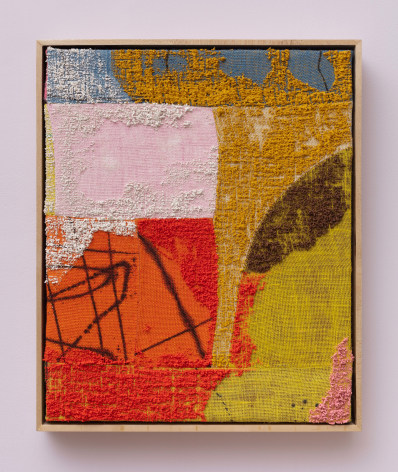 an abstract brightly colored painting on burlap with color blocks and diagonal lines
