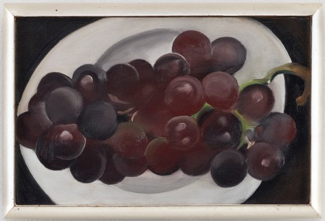 painting of red grapes on a white plate