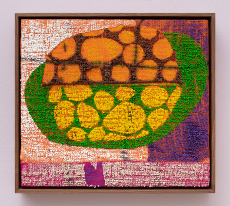 an abstract brightly colored painting on burlap