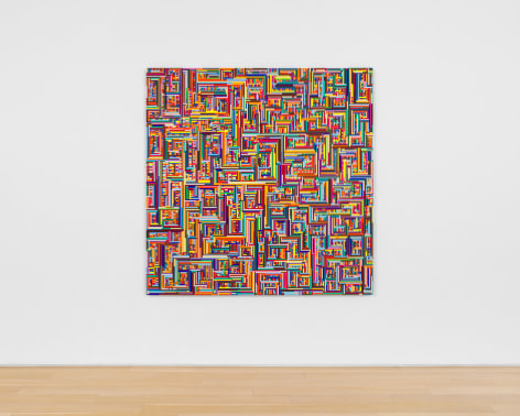 Installation view of abstract paintings
