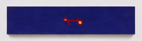 large horizontal blue painting with a caligrphic mark in its' center