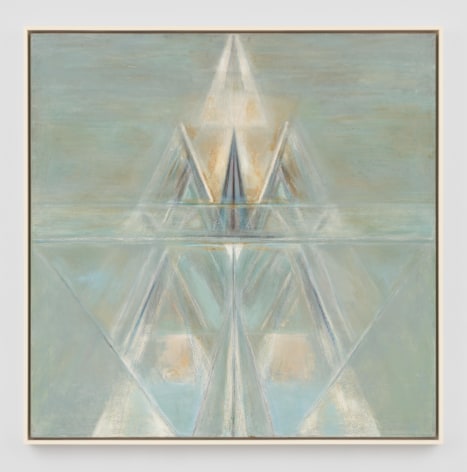 a blue/green square painting with a diamond shape in the center