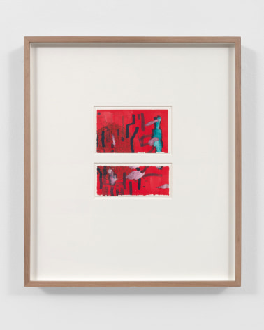 two small red abstract drawings in a wood frame