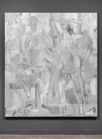 large square silver painting with figures moving through the surface