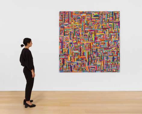 Installation view of abstract paintings