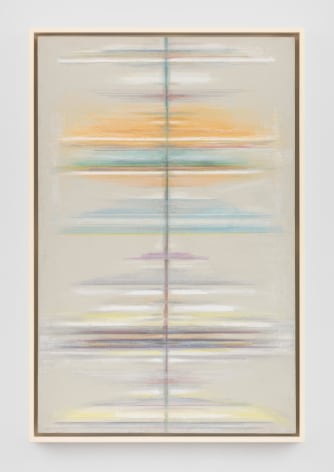 a grey/tan painting with horizontal lines of blue yellow and green emanating from its' center