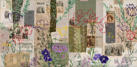 Robert Kushner, Keukenhof II, 2022. Oil on mixed paper and fabric collage on linen, 74 3/8 x 153 inches