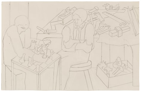 Two Builders Playing Chess, 1996 Graphite on paper 11 x 17 inches