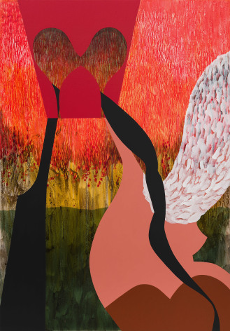 Carrie Moyer, Leda Was a Swan, 2022. Acrylic and graphite on canvas, 66 x 46 inches