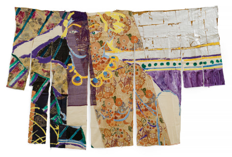 Robert Kushner, The Lapis Necklace, 1985. Acrylic, silver leaf, glitter, and mixed fabric on cotton, 59 x 85 inches