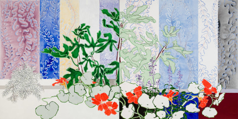 Robert Kushner, Young Fig Tree, 2022. Oil, acrylic, and cont&eacute; crayon on linen, 72 x 144 inches