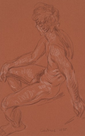 Seated Nude JS35, n.d.  Crayon on brick red Fabriano paper  13 x 8 1/8 inches