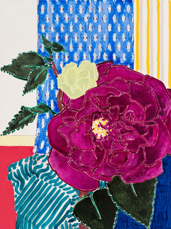 Robert Kushner, Camellia Devi II, 2022. Oil, acrylic, and cont&eacute; crayon on wood panel, 48 x 36 inches