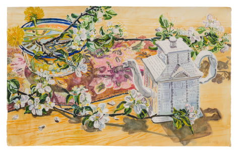 Apple Blossom &amp; Tea Pot, 1988. Watercolor, gouache, and pencil on paper, 24 3/4 x 40 inches