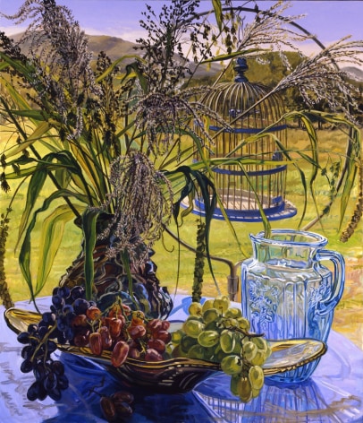 Janet Fish Grasses and Blue Bird Cage, 2005 Oil on canvas 70 x 60 inches