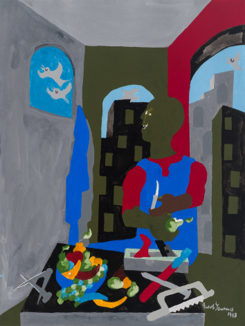 Jacob Lawrence Builders - Builder with Pear, 1998 Gouache on paper 28 x 18 inches