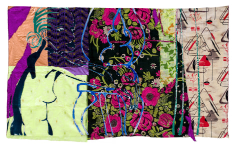 Robert Kushner, Woman and Chair II, 1983. Acrylic and mixed fabric on cotton, 43 1/2 x 71 inches