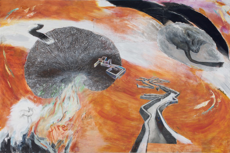 Translation of Bird Calls, 2018-2019 Acrylic, oil, graphite, paper, and leaf on board 49 x 74 x 1 1/2 inches