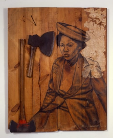 Cut, 2008 Conte and wallpaper on wood, axes, nails