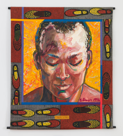 Emma Amos Bill T. Jones, 1996 Acrylic on canvas with African fabric borders 59 x 48 1/2 inches