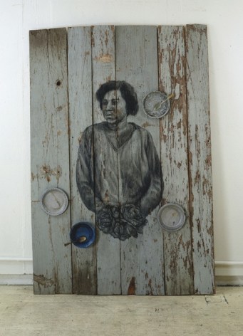 Mercy, 1999 Charcoal on wood, found objects