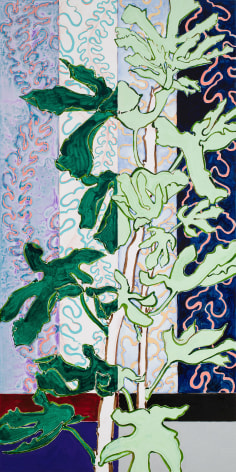Robert Kushner, Young Fig Tree II, 2022. Oil, acrylic, and cont&eacute; crayon on linen, 72 x 36 inches